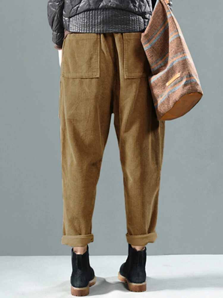 (image for) Corduroy Elastic Waist Solid Color Side Pocket Harem Pants
