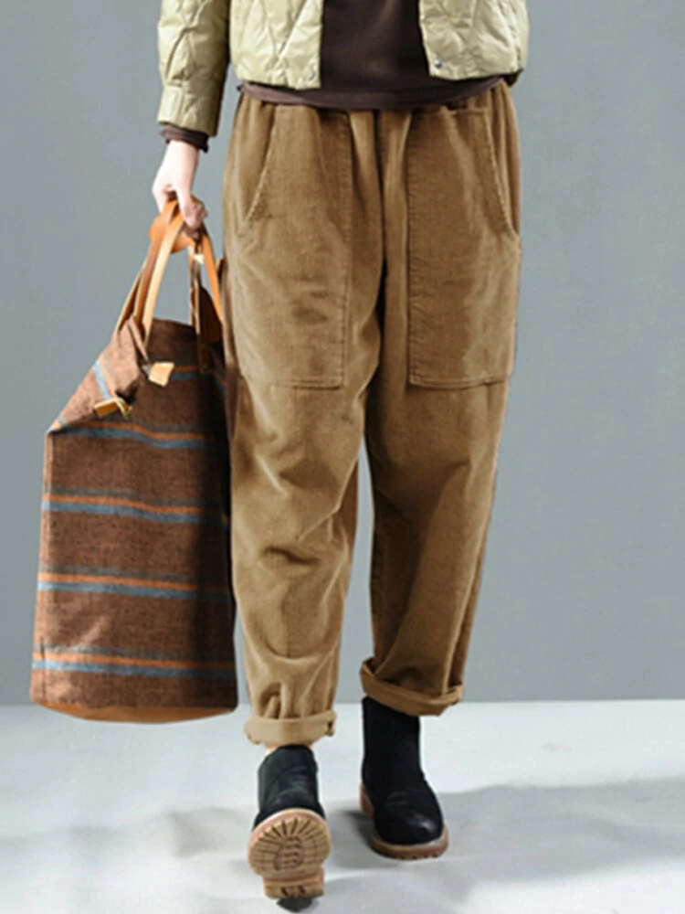 (image for) Corduroy Elastic Waist Solid Color Side Pocket Harem Pants