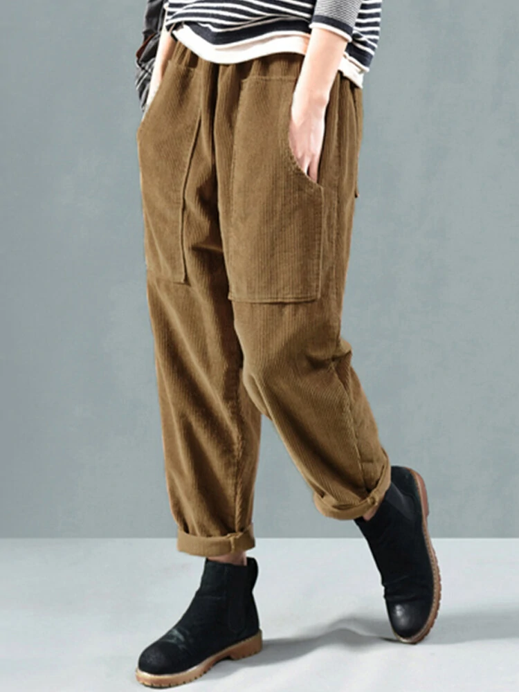 (image for) Corduroy Elastic Waist Solid Color Side Pocket Harem Pants