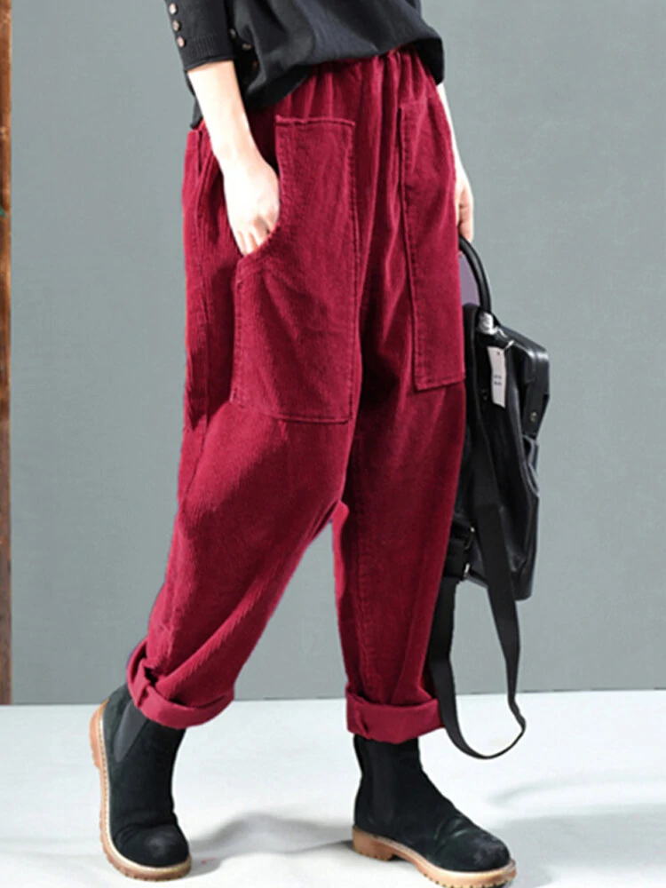 (image for) Corduroy Elastic Waist Solid Color Side Pocket Harem Pants