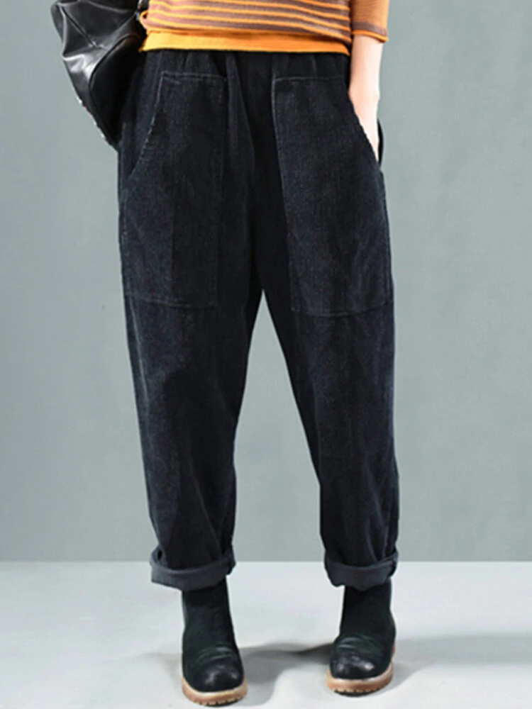 (image for) Corduroy Elastic Waist Solid Color Side Pocket Harem Pants