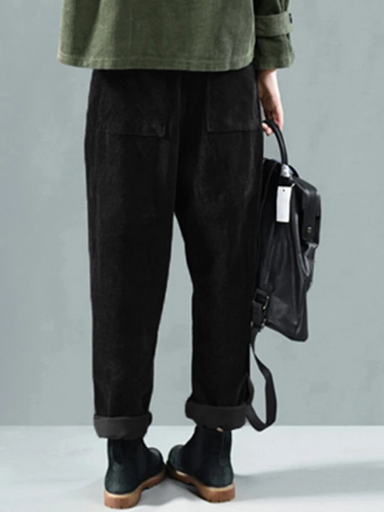 (image for) Corduroy Elastic Waist Solid Color Side Pocket Harem Pants