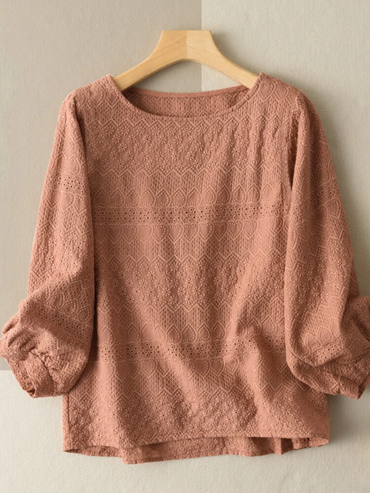 (image for) Lace Solid Long Sleeve Crew Neck Casual Blouse