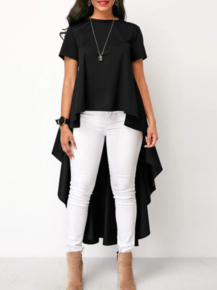 (image for) O-Neck Short Sleeve Back Buttons Spliced Solid Blouses For Women