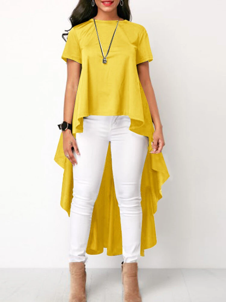 (image for) O-Neck Short Sleeve Back Buttons Spliced Solid Blouses For Women