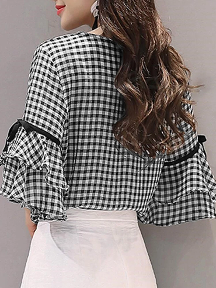 (image for) Plaid Knotted Patchwork Ruffle Sleeve Round Neck Blouse