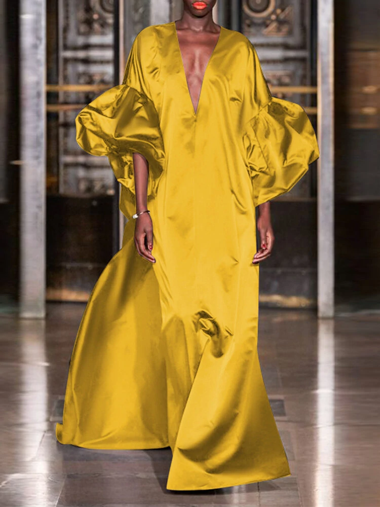 (image for) Puff Sleeve Ruffles Loose Fit V-Neck Leisure Maxi Dress For Women