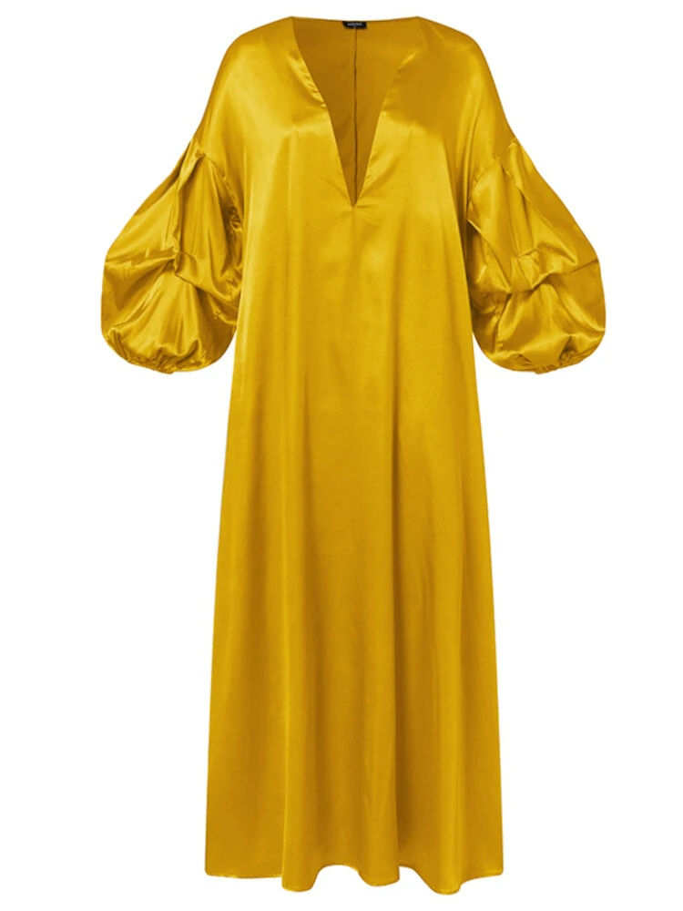 (image for) Puff Sleeve Ruffles Loose Fit V-Neck Leisure Maxi Dress For Women