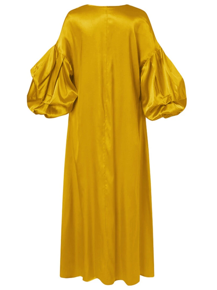 (image for) Puff Sleeve Ruffles Loose Fit V-Neck Leisure Maxi Dress For Women