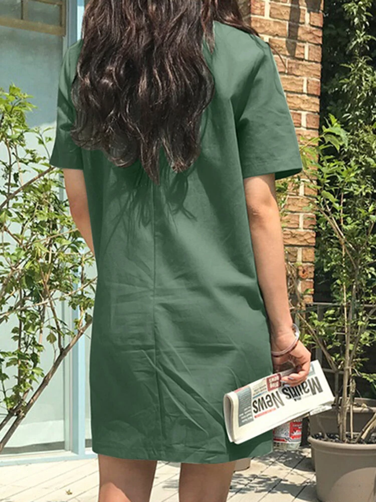 (image for) Solid Pocket Short Sleeve Casual Midi Dress
