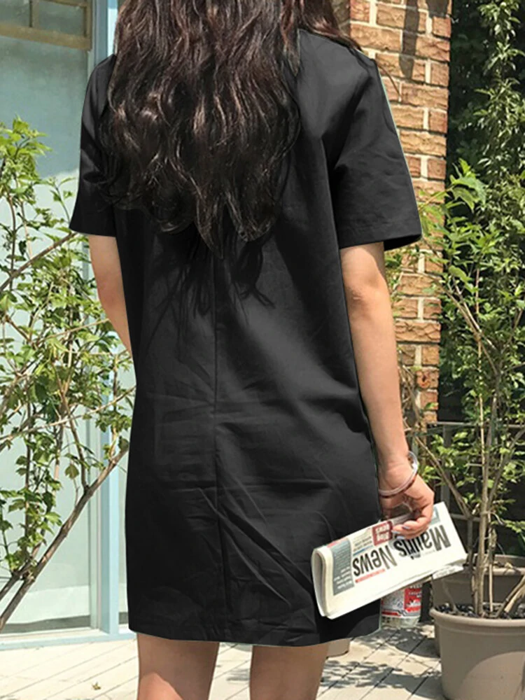 (image for) Solid Pocket Short Sleeve Casual Midi Dress