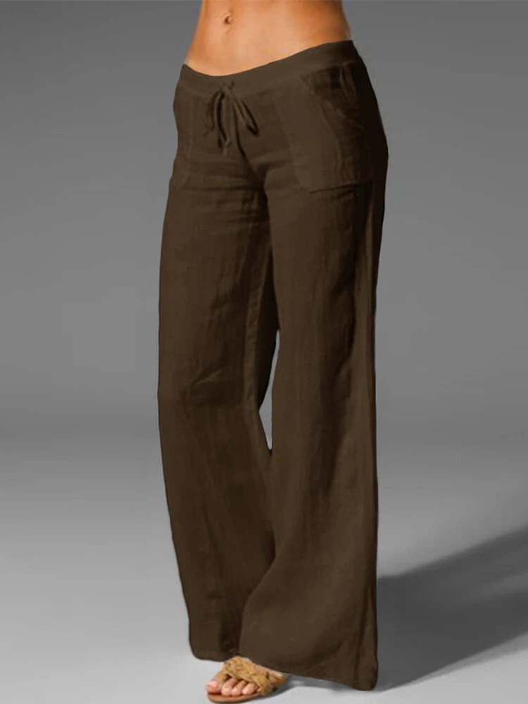 (image for) Wide Leg Women Loose Cotton Pure Color Elastic Waist Trousers Pants