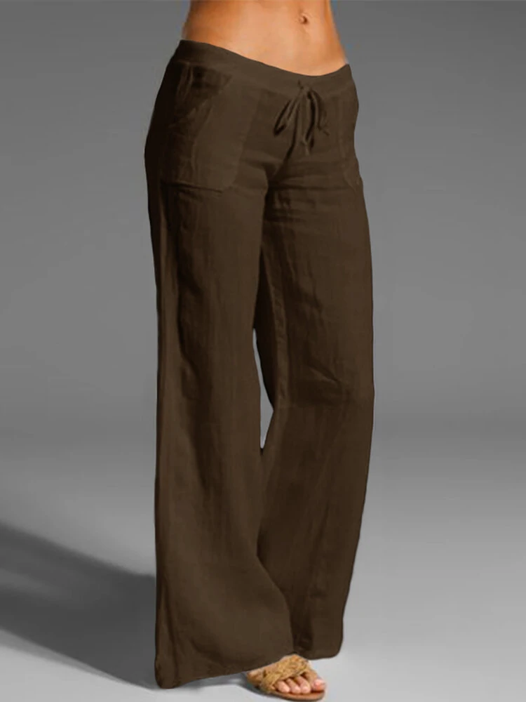 (image for) Wide Leg Women Loose Cotton Pure Color Elastic Waist Trousers Pants