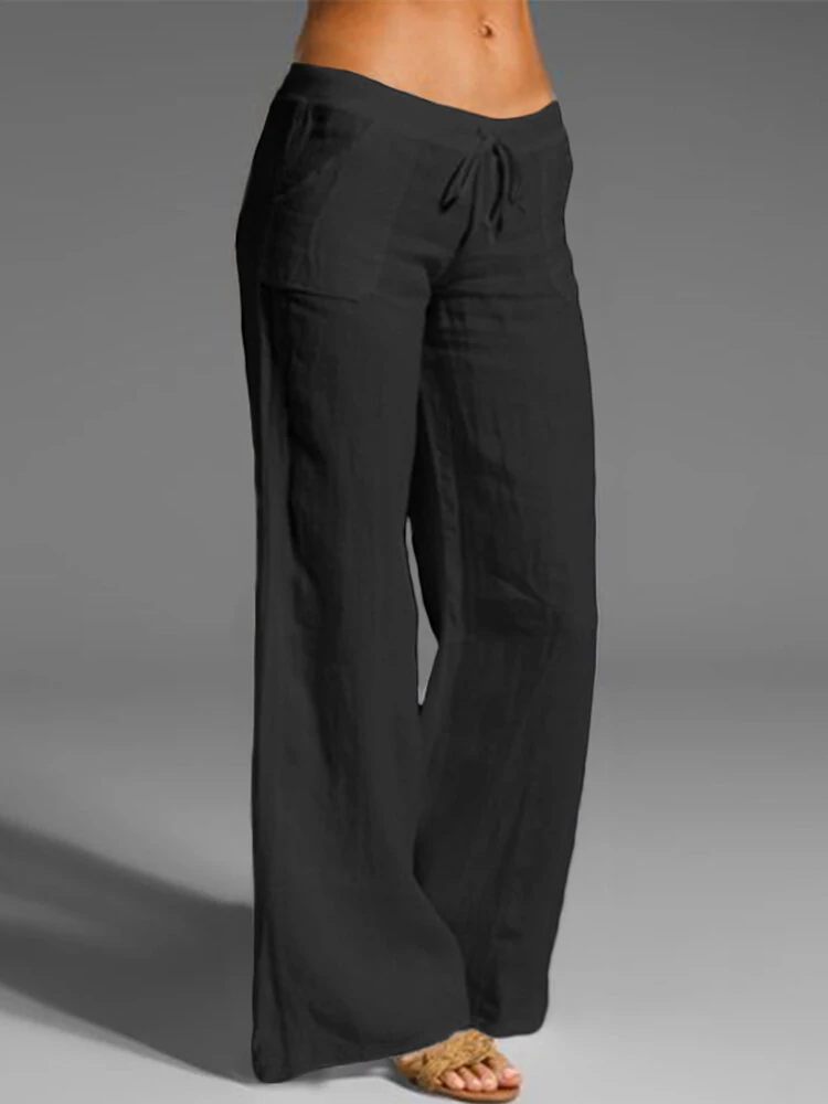 (image for) Wide Leg Women Loose Cotton Pure Color Elastic Waist Trousers Pants