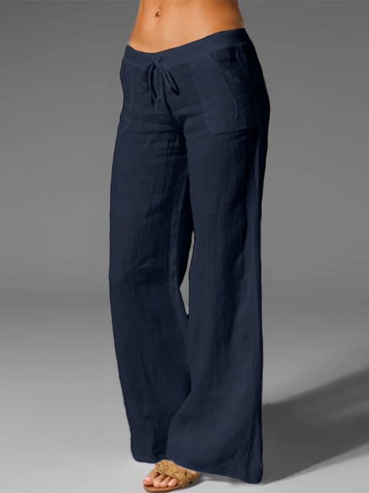 (image for) Wide Leg Women Loose Cotton Pure Color Elastic Waist Trousers Pants
