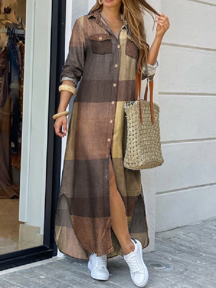 (image for) Women Casual Plaid Print Irregular Split Hem Maxi Shirts Dress with Side Pockets