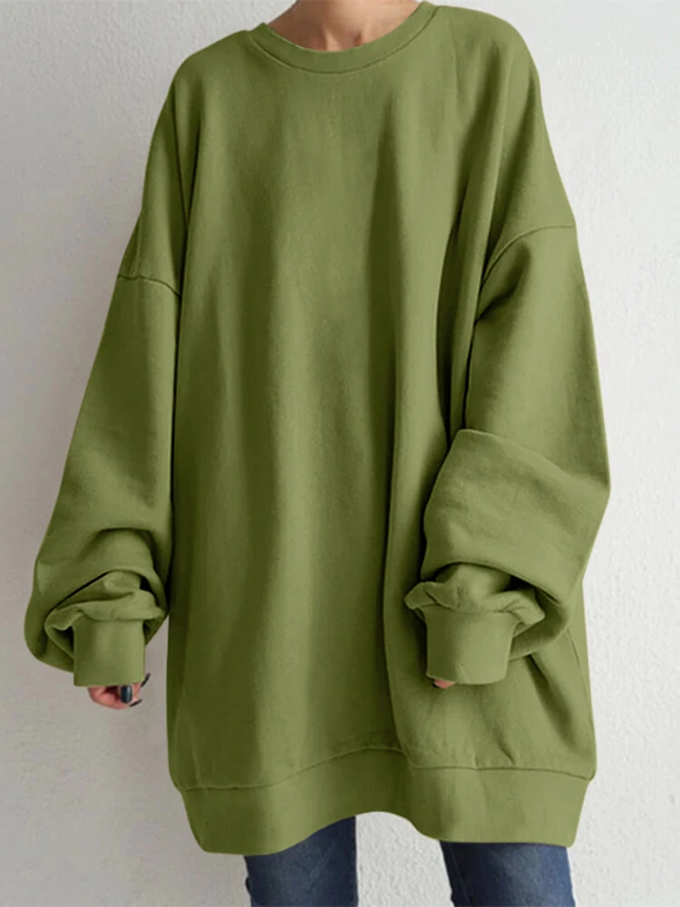 (image for) Women Puff Sleeve Crew Neck Solid Color Hem Long Sleeve Sweatshirts