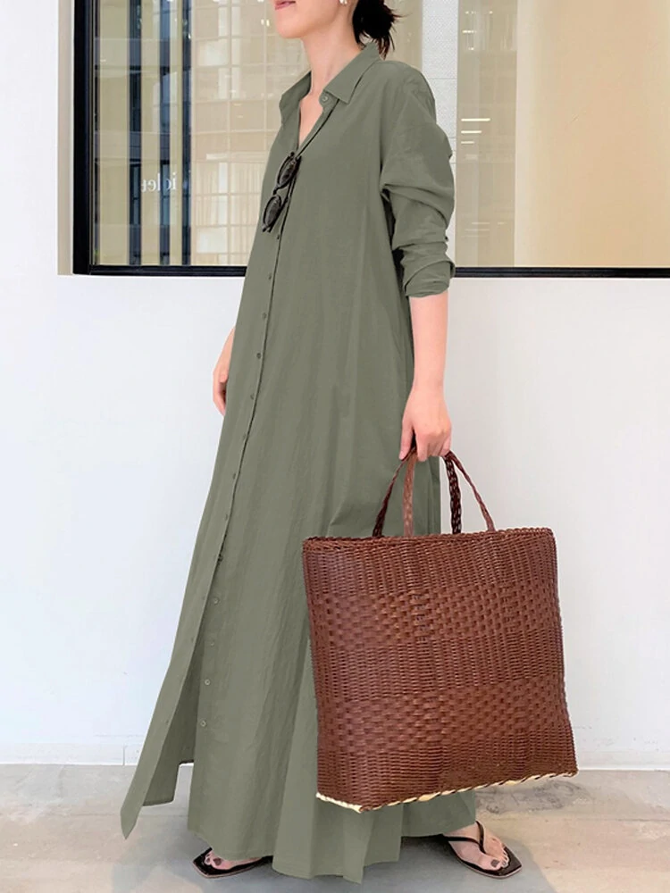 (image for) Women Retro Solid Color Turn-Down Collar Loose Casual Shirt Dress With Pocket
