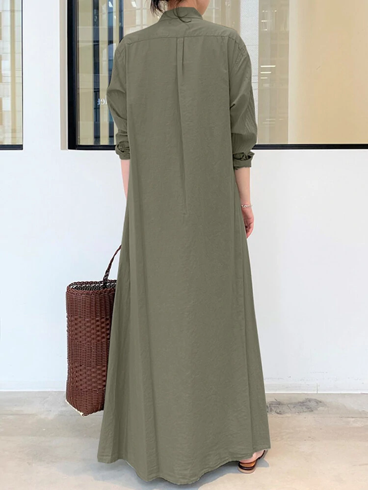 (image for) Women Retro Solid Color Turn-Down Collar Loose Casual Shirt Dress With Pocket