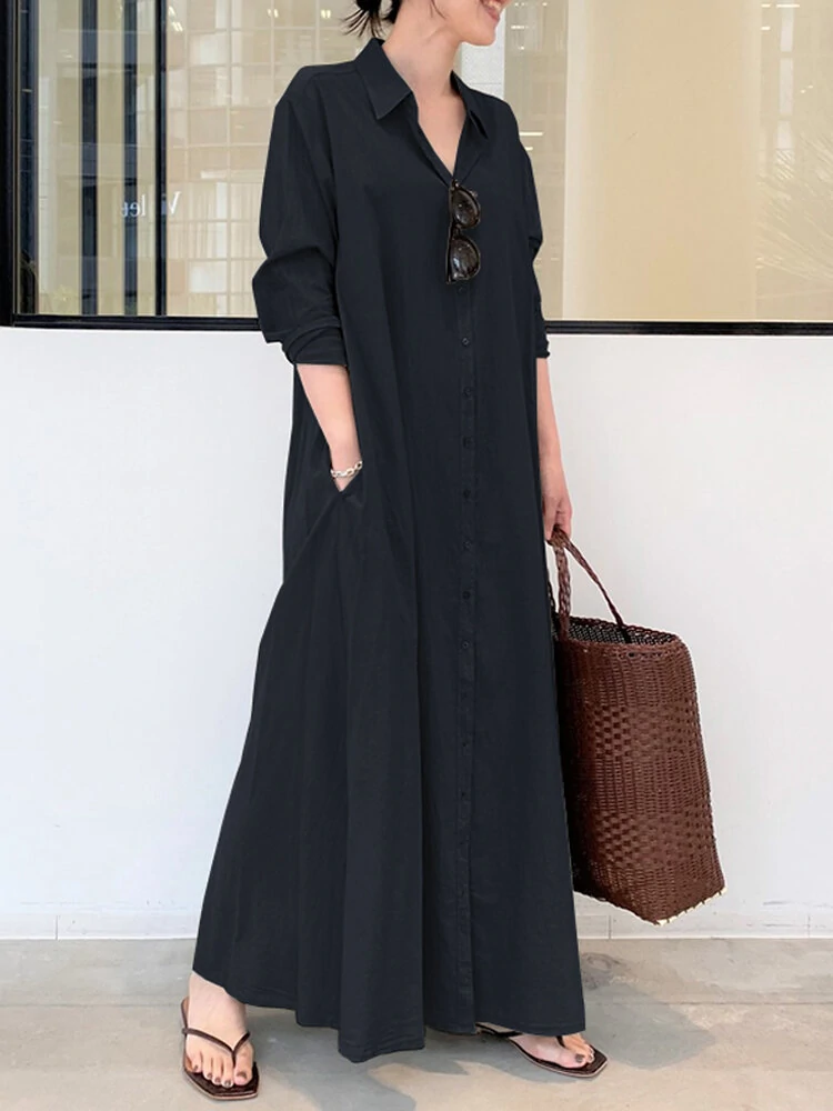 (image for) Women Retro Solid Color Turn-Down Collar Loose Casual Shirt Dress With Pocket