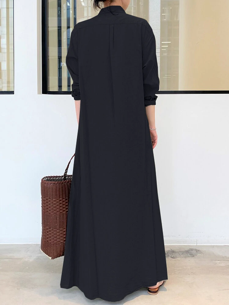 (image for) Women Retro Solid Color Turn-Down Collar Loose Casual Shirt Dress With Pocket