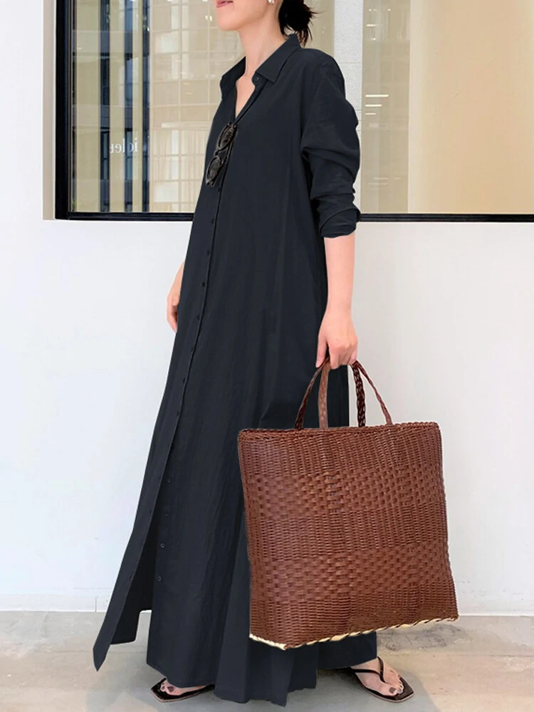 (image for) Women Retro Solid Color Turn-Down Collar Loose Casual Shirt Dress With Pocket