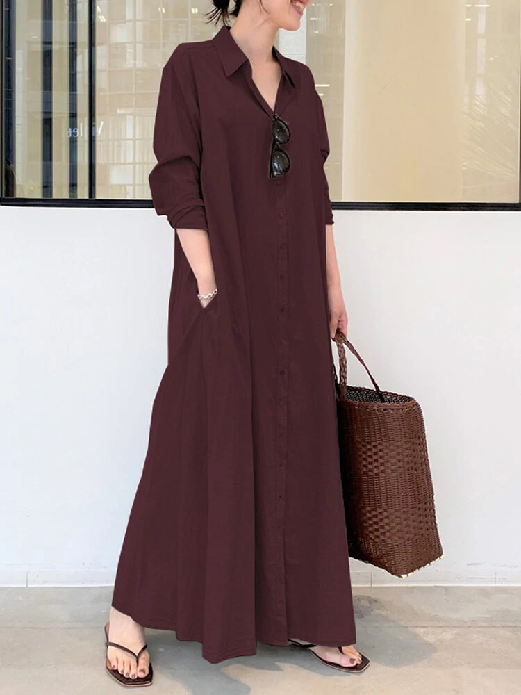 (image for) Women Retro Solid Color Turn-Down Collar Loose Casual Shirt Dress With Pocket