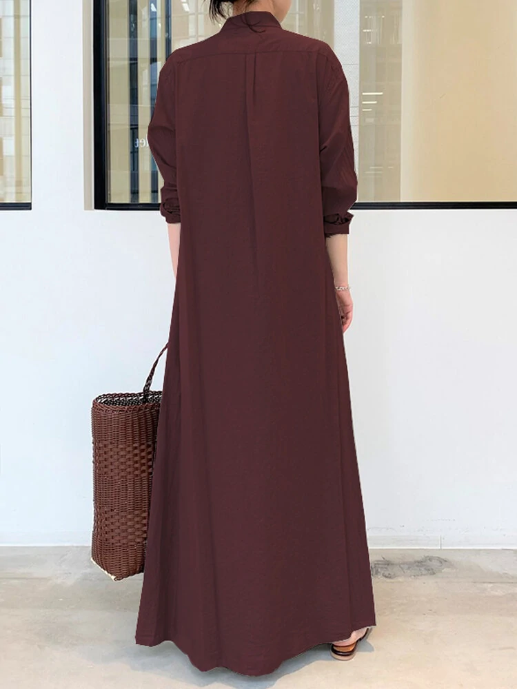 (image for) Women Retro Solid Color Turn-Down Collar Loose Casual Shirt Dress With Pocket