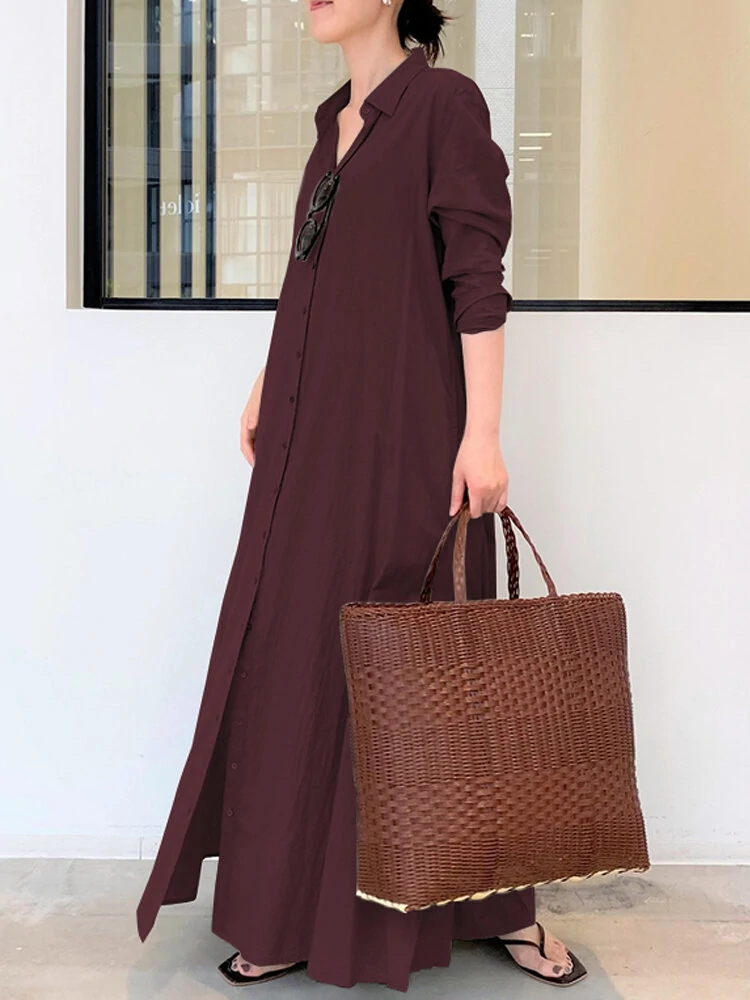 (image for) Women Retro Solid Color Turn-Down Collar Loose Casual Shirt Dress With Pocket