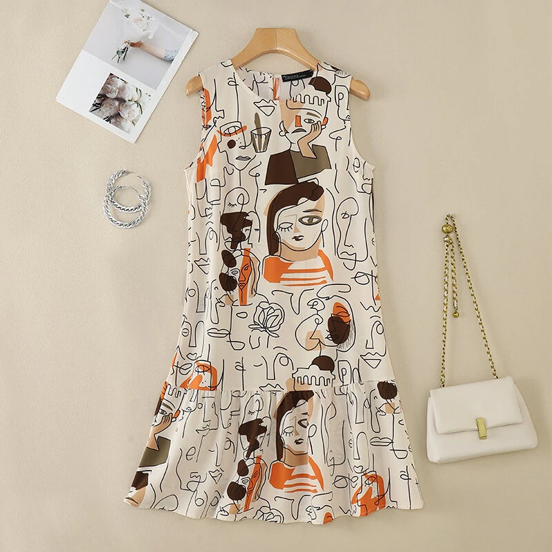 (image for) ZANZEA Elegant Style Women's Dresses Sleeveless Round Neck Printed A-Line Mermaid Dress