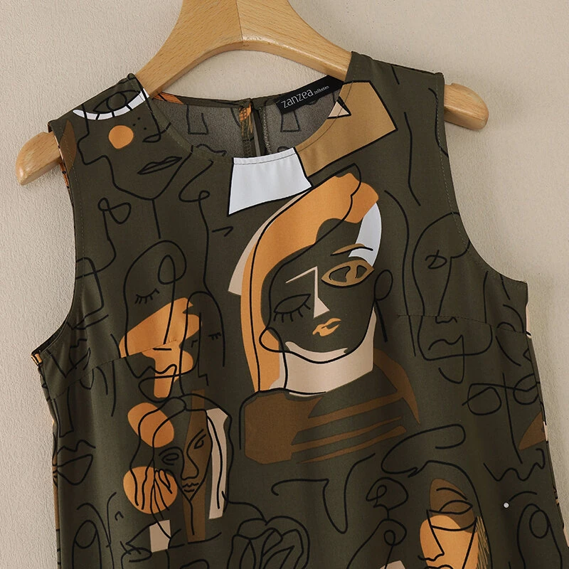 (image for) ZANZEA Elegant Style Women's Dresses Sleeveless Round Neck Printed A-Line Mermaid Dress