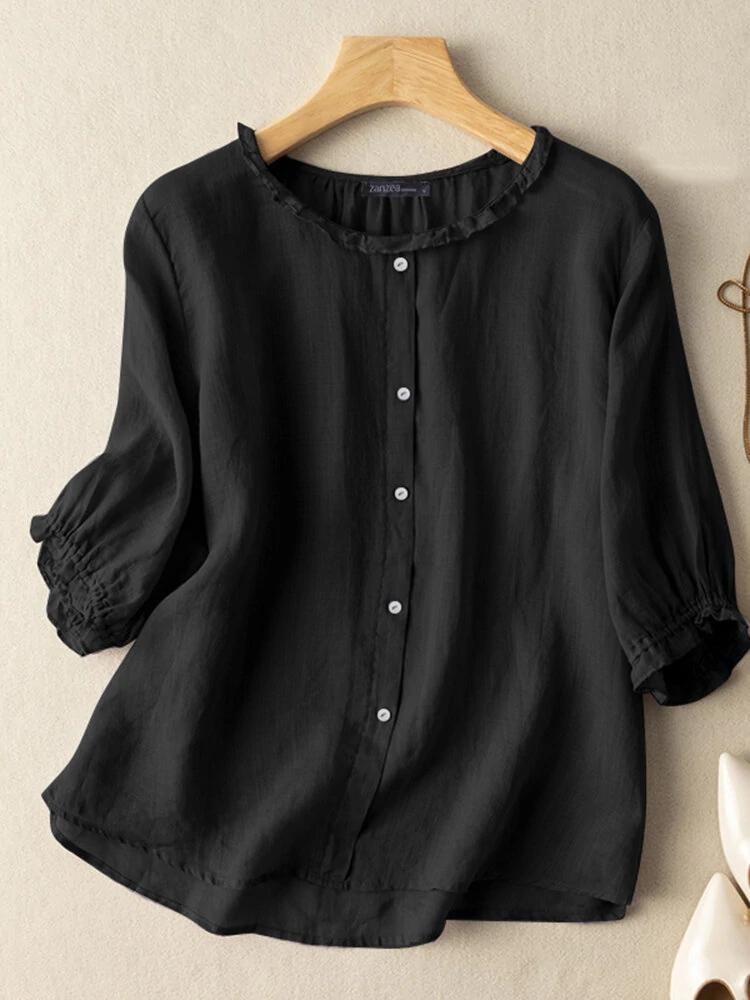 (image for) ZANZEA Lettuce Edge Crew Neck Solid Button 3/4 Sleeve Blouse
