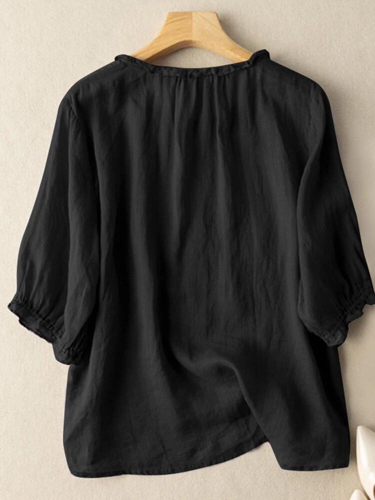 (image for) ZANZEA Lettuce Edge Crew Neck Solid Button 3/4 Sleeve Blouse