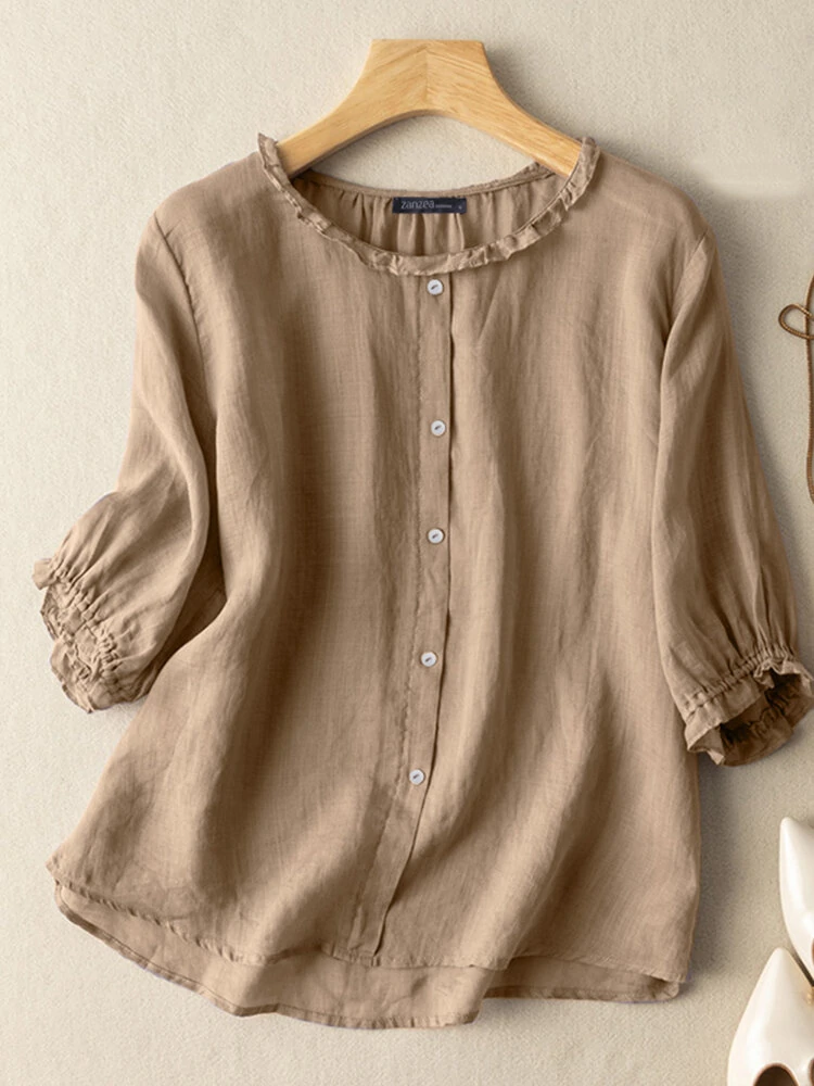 (image for) ZANZEA Lettuce Edge Crew Neck Solid Button 3/4 Sleeve Blouse