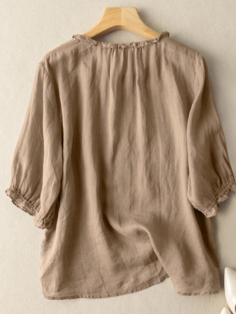 (image for) ZANZEA Lettuce Edge Crew Neck Solid Button 3/4 Sleeve Blouse