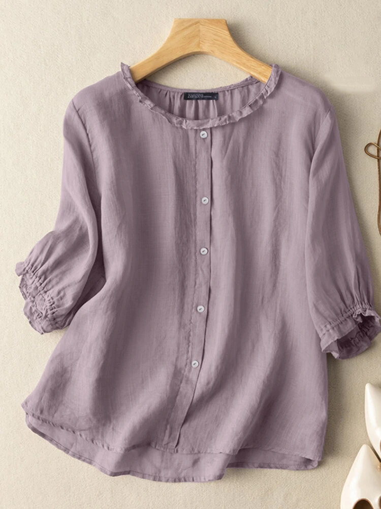 (image for) ZANZEA Lettuce Edge Crew Neck Solid Button 3/4 Sleeve Blouse