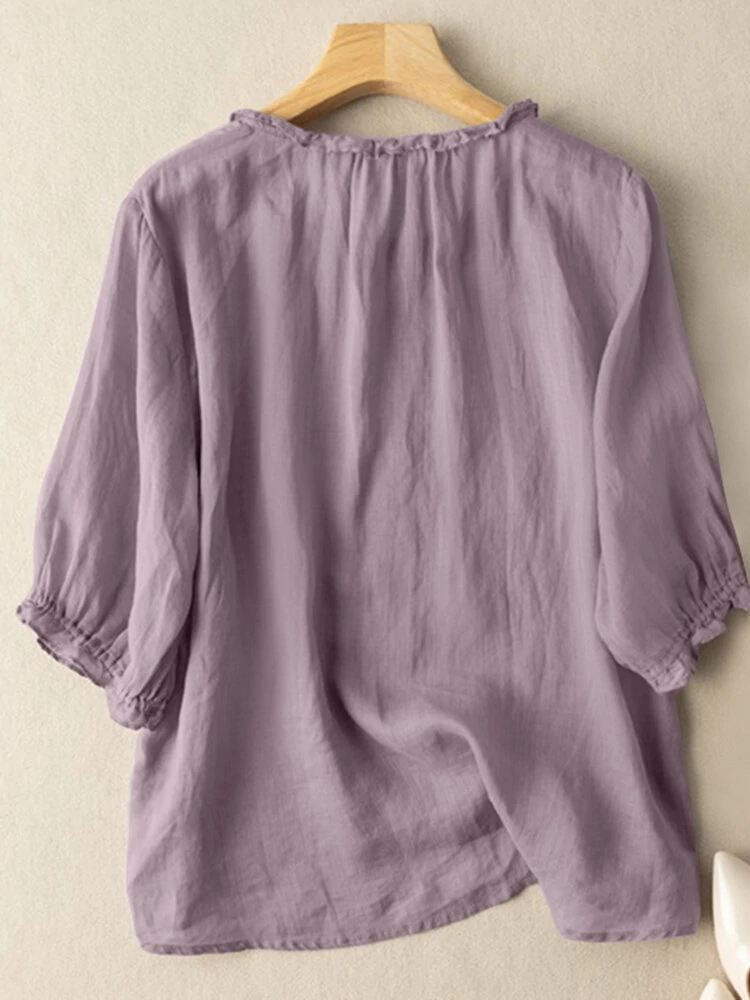 (image for) ZANZEA Lettuce Edge Crew Neck Solid Button 3/4 Sleeve Blouse