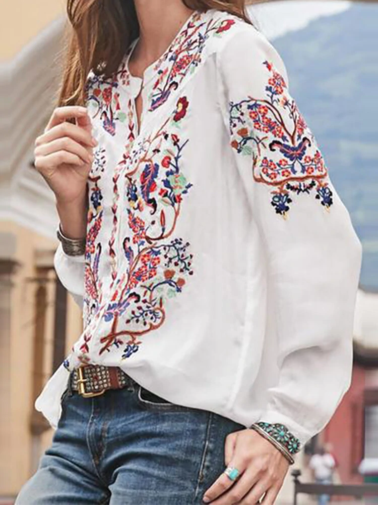 (image for) ZANZEA Plus Size Women Blouse Ethnic Style Print Round Neck Long Sleeve Bohemia Button Shirt For Women
