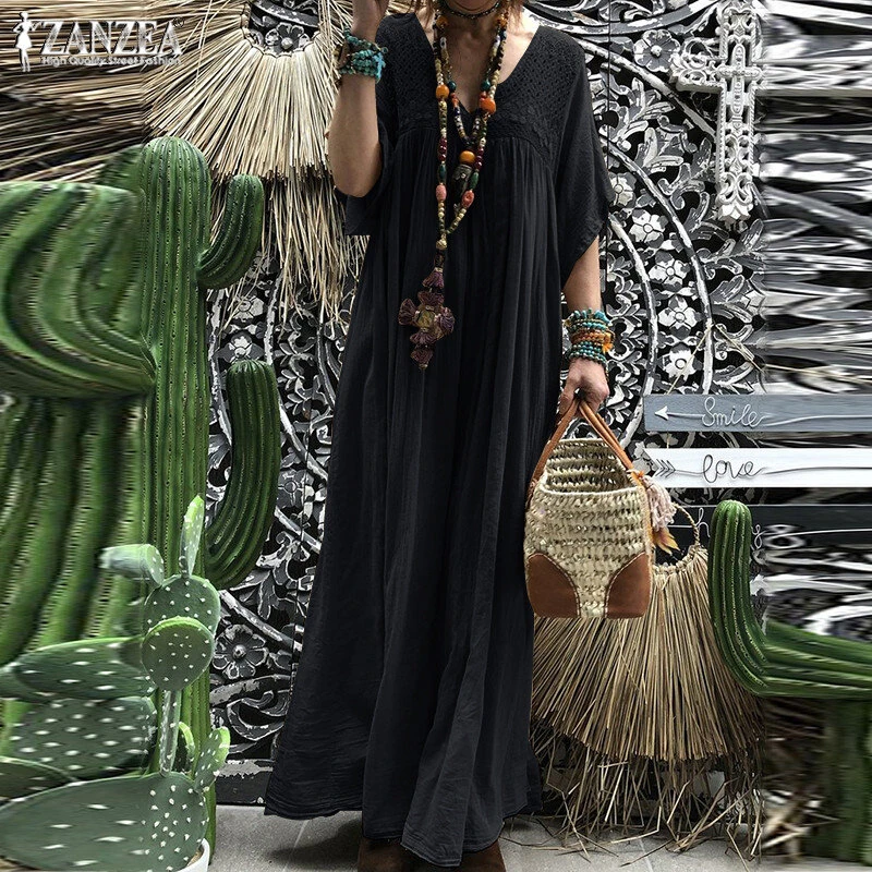 (image for) ZANZEA Plus Size Women Bohemian Long Dress Short Sleeve Hollow Out Robe Kaftan Solid Beach Maxi Dress