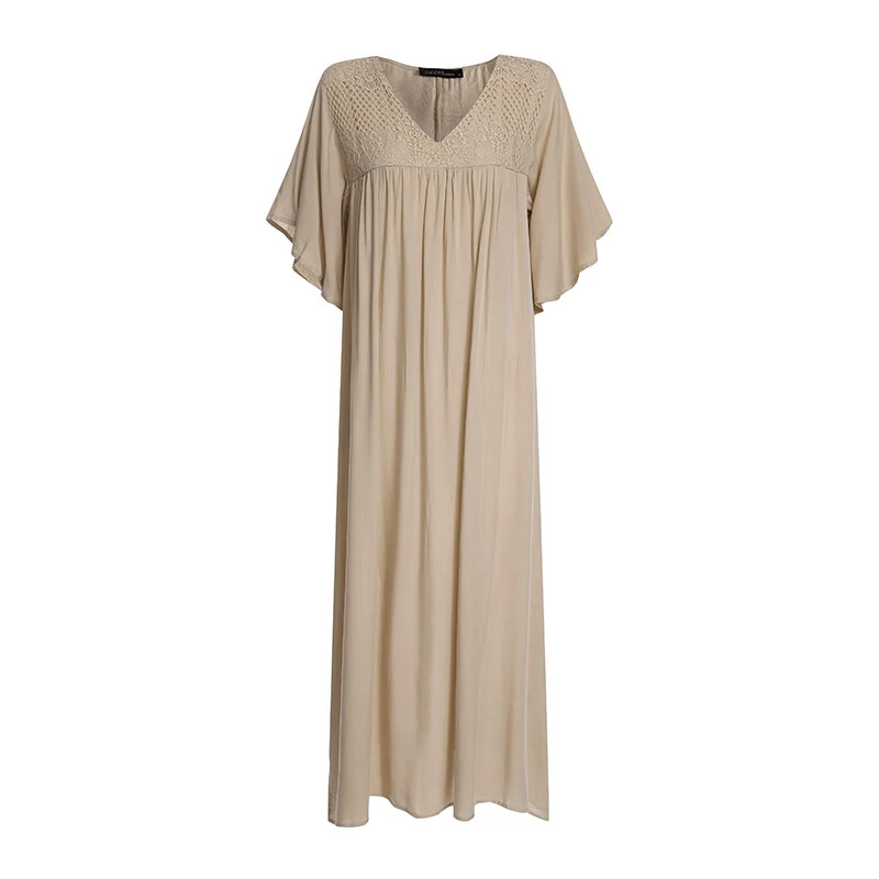 (image for) ZANZEA Plus Size Women Bohemian Long Dress Short Sleeve Hollow Out Robe Kaftan Solid Beach Maxi Dress