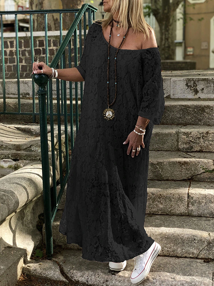 (image for) ZANZEA Plus Size Women Lace Long Dress Cold Shoulder Long Lace Croceht Hollow Out Bohemian Maxi Dress For Women