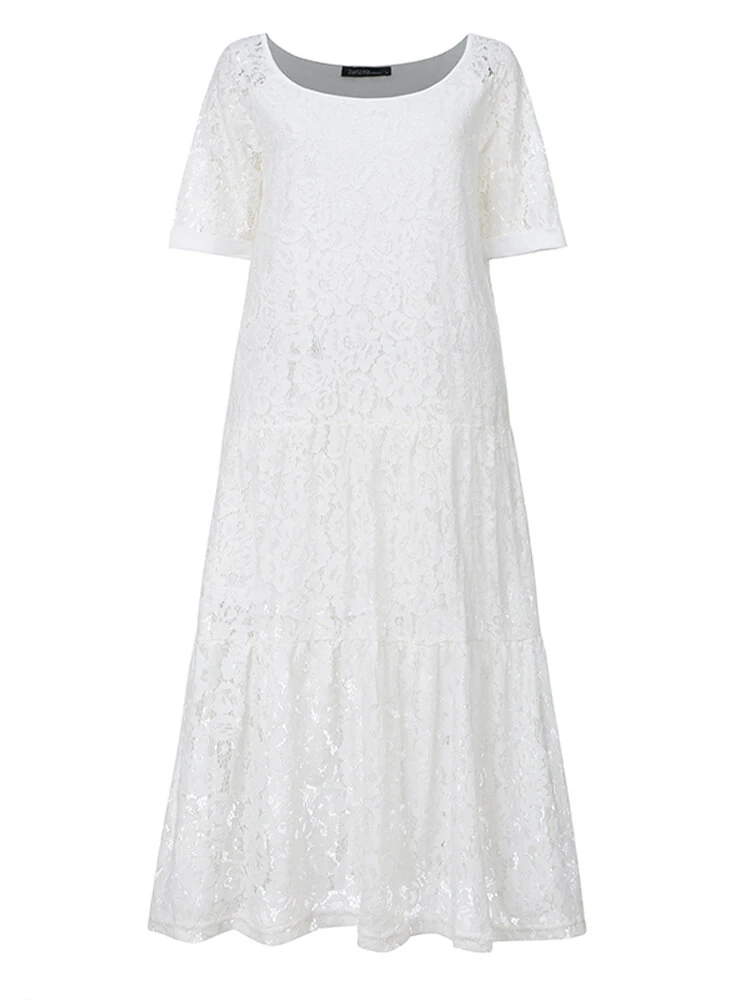 (image for) ZANZEA Plus Size Women Lace Long Dress Cold Shoulder Long Lace Croceht Hollow Out Bohemian Maxi Dress For Women