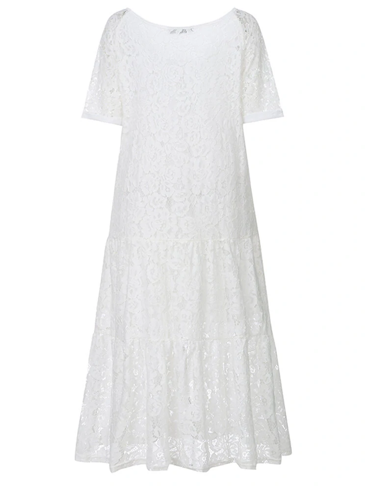 (image for) ZANZEA Plus Size Women Lace Long Dress Cold Shoulder Long Lace Croceht Hollow Out Bohemian Maxi Dress For Women