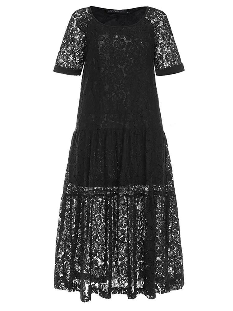 (image for) ZANZEA Plus Size Women Lace Long Dress Cold Shoulder Long Lace Croceht Hollow Out Bohemian Maxi Dress For Women