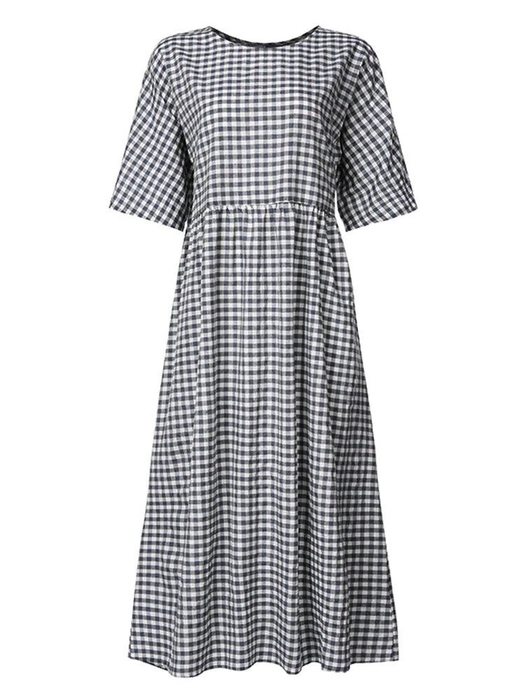 (image for) ZANZEA Plus Size Women Long Dress Casual Loose Plaid Print O-Neck Half Sleeve Beach Maxi Dress