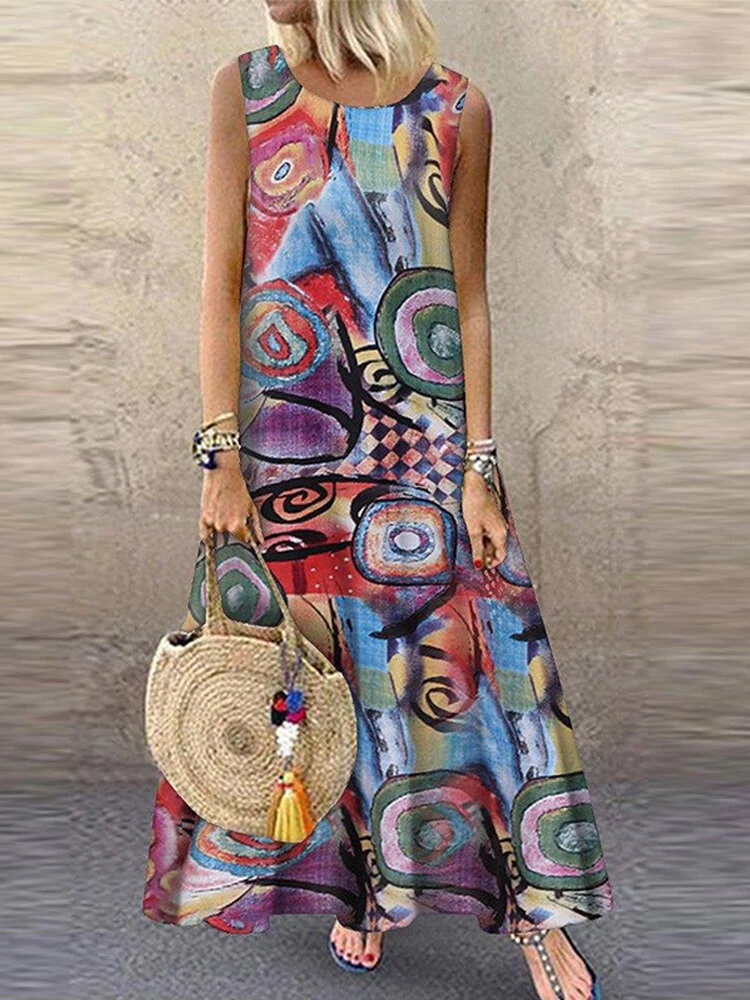 (image for) ZANZEA Plus Size Women Long Dress Retro O-neck Abstracted Print Sleeveless Beach Maxi Dress with Pockets