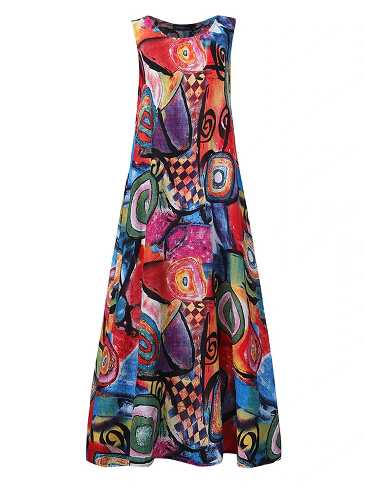 (image for) ZANZEA Plus Size Women Long Dress Retro O-neck Abstracted Print Sleeveless Beach Maxi Dress with Pockets