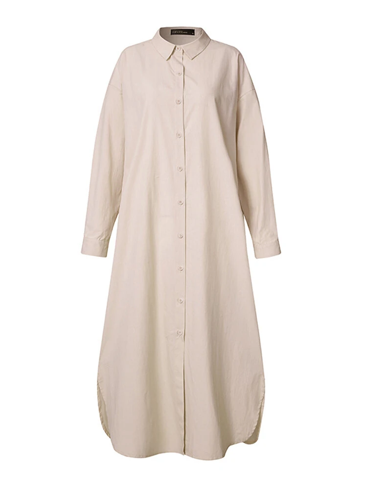 (image for) ZANZEA Plus Size Women Long Shirt Dress Solid Color Curved Hem Split Lapel Loose Fit Shirt Dress