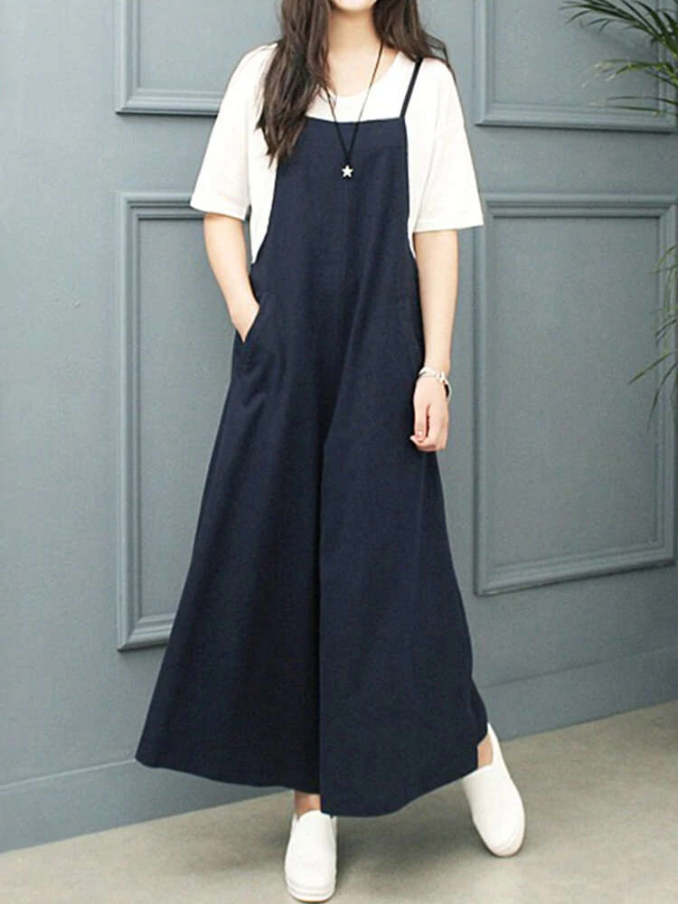 (image for) ZANZEA Plus Size Women Overalls Bib Pants Loose Pockets Jumpsuit