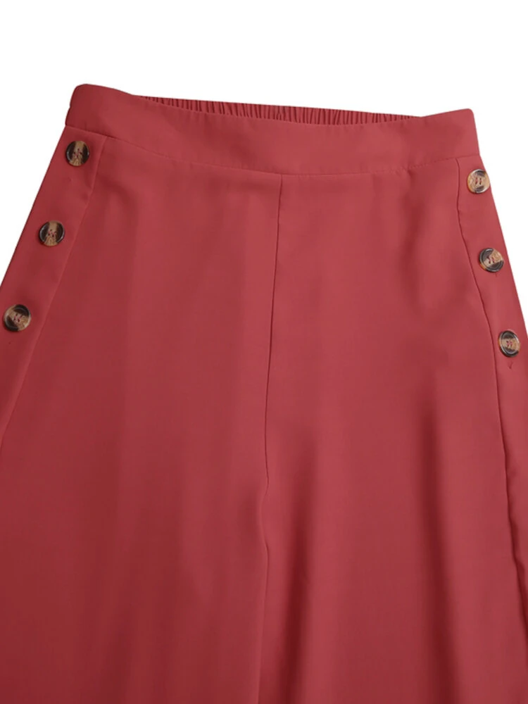 (image for) ZANZEA Plus Size Women Pants Solid Color Side Button Elastic Waist Loose Casual Wide Leg Pants With No Pocket